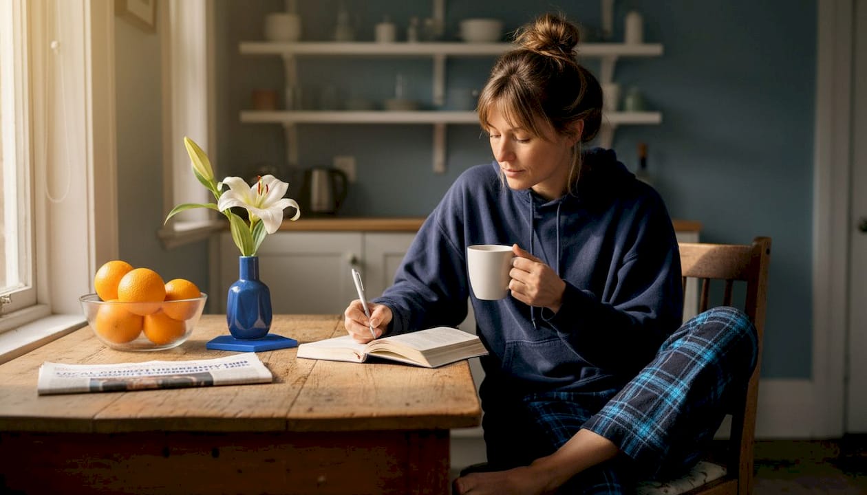 Woman journaling at kitchen table in sunlight