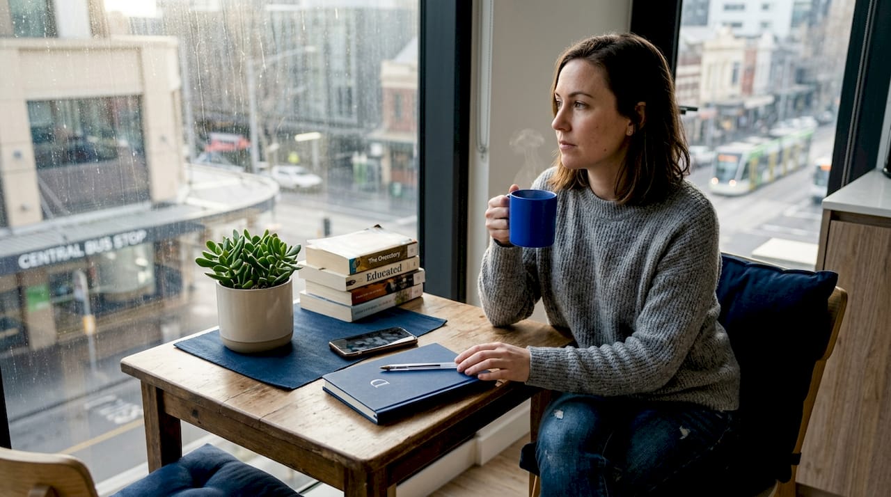 Woman reflecting with tea near window
