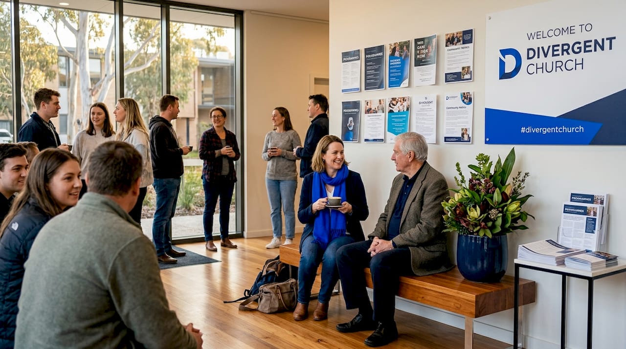 Diverse church community gathering in Canberra foyer