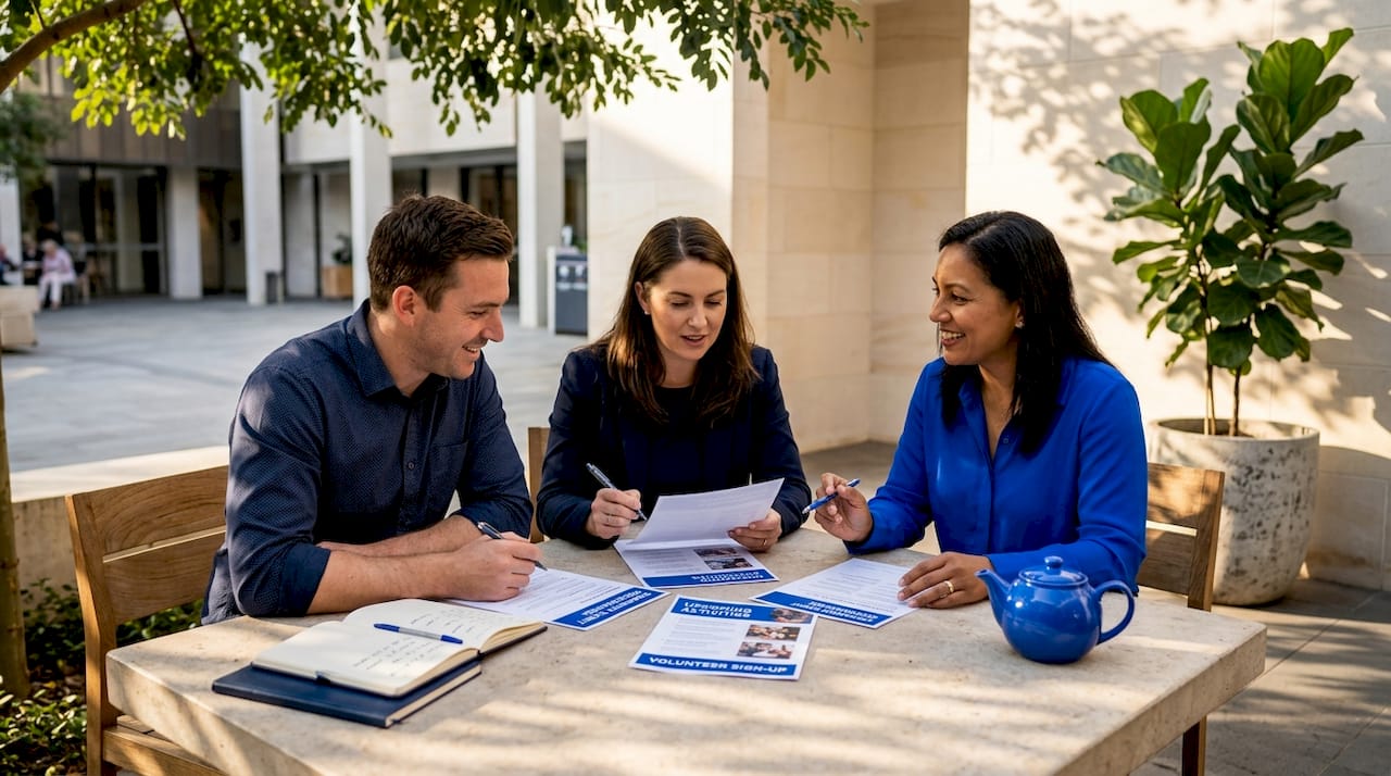 Small group discussing church activities at table