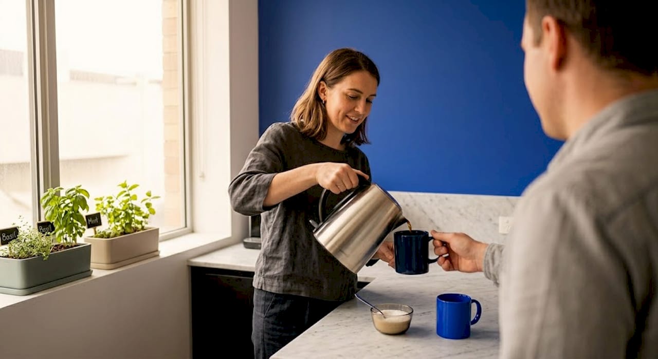 Office worker offering coffee in break room