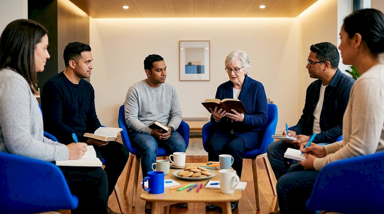 Small group Bible study in cozy living room