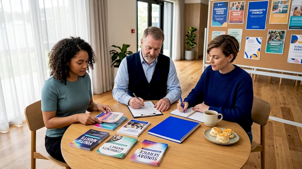 Three church volunteers preparing event at table