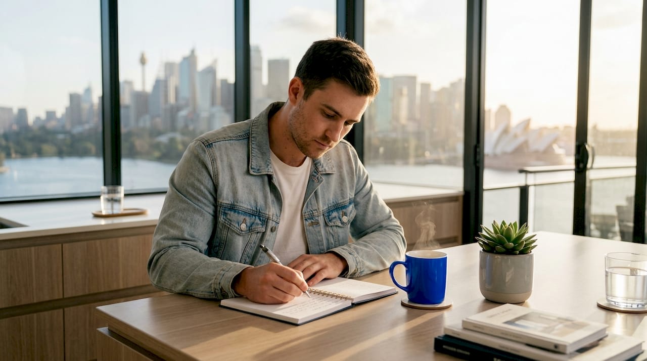 Man journaling prayers at kitchen table morning