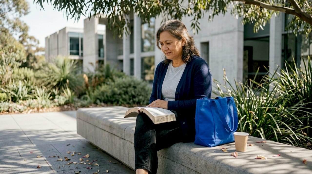Woman reading Bible on Canberra park bench