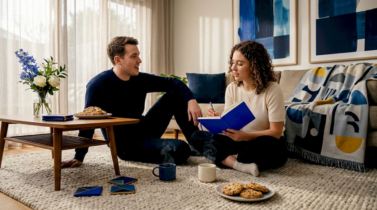 Two people discuss in cozy living room