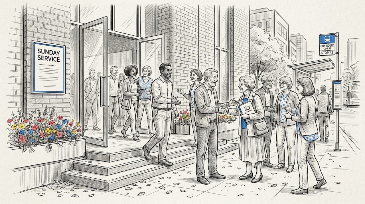 Australians chatting outside local church on Sunday morning