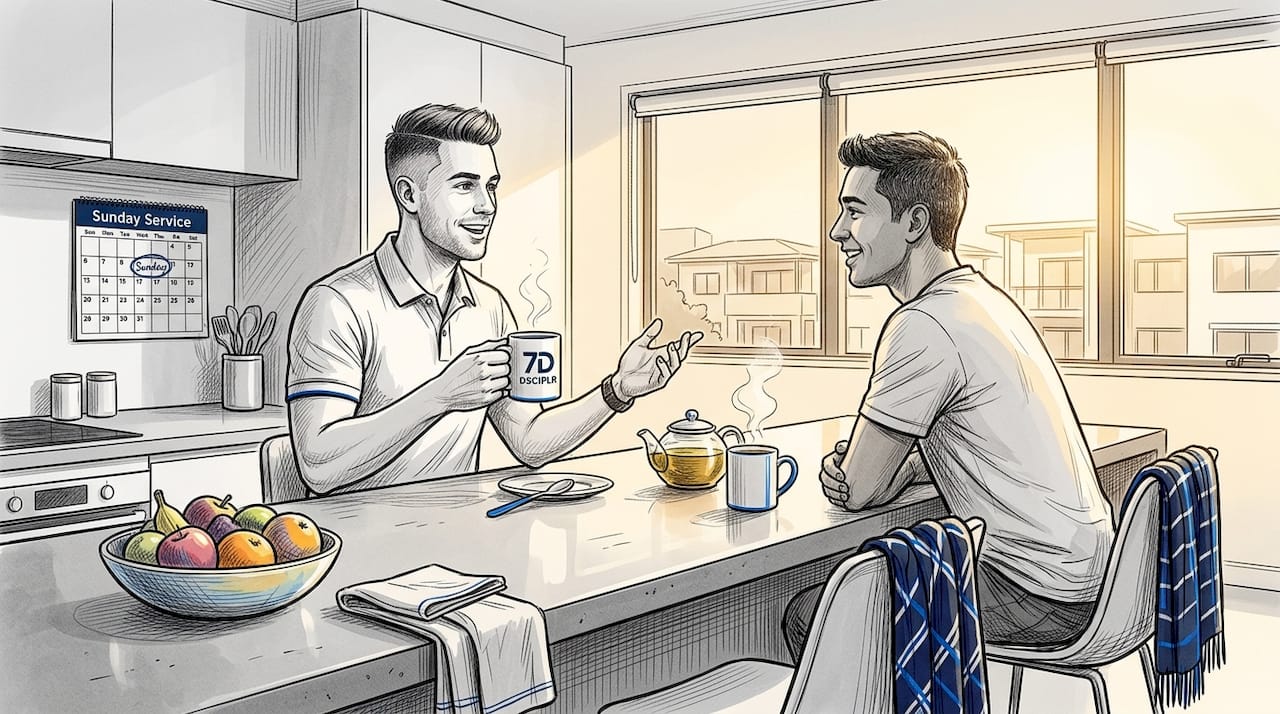 Friends discuss church invitation at home