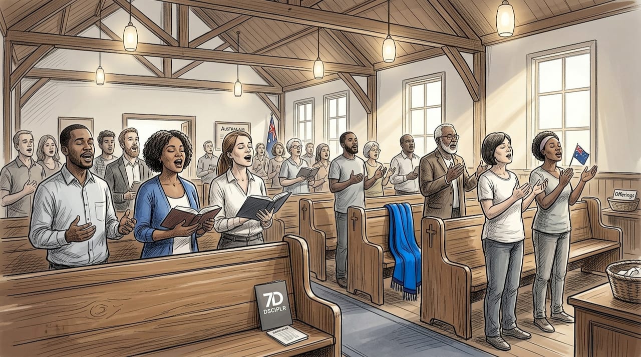 Congregation worshipping in modern church hall