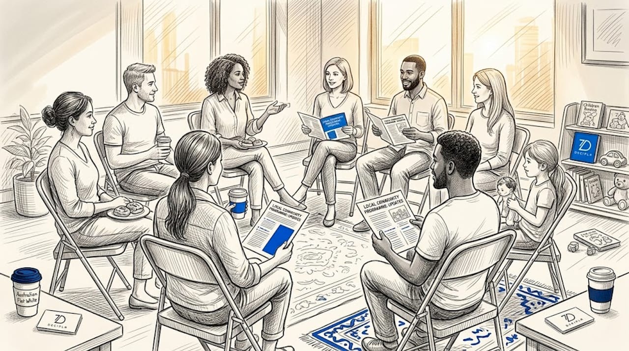 Group chatting in church hall informal gathering