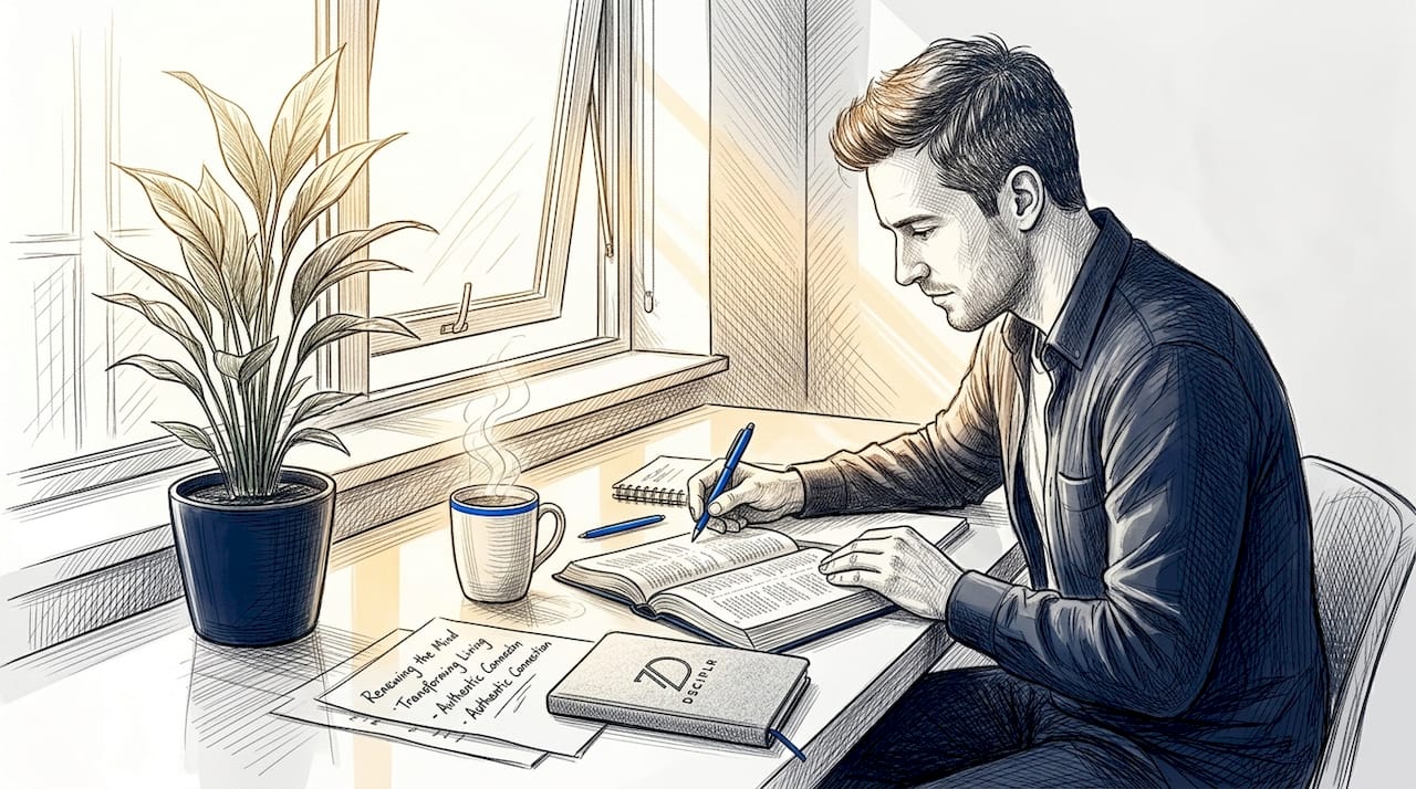 Man reading Bible at kitchen table in morning