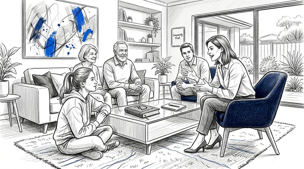 Family discussing faith in sunlit living room