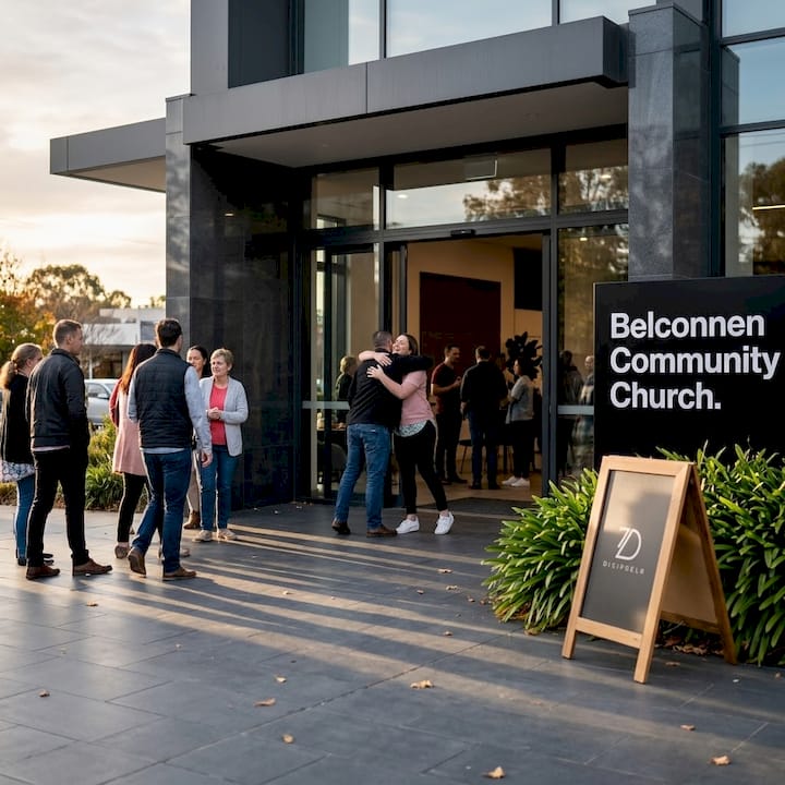 People entering modern church in Belconnen suburb