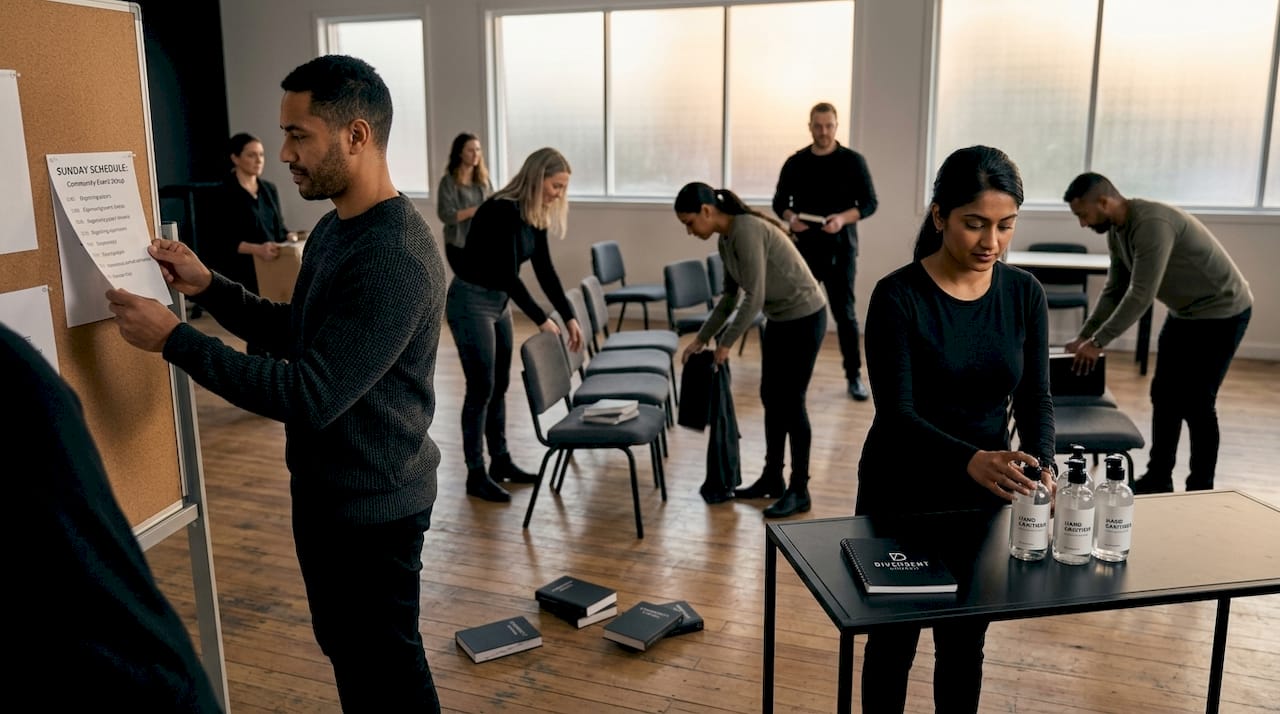 Church volunteers organizing Sunday event space