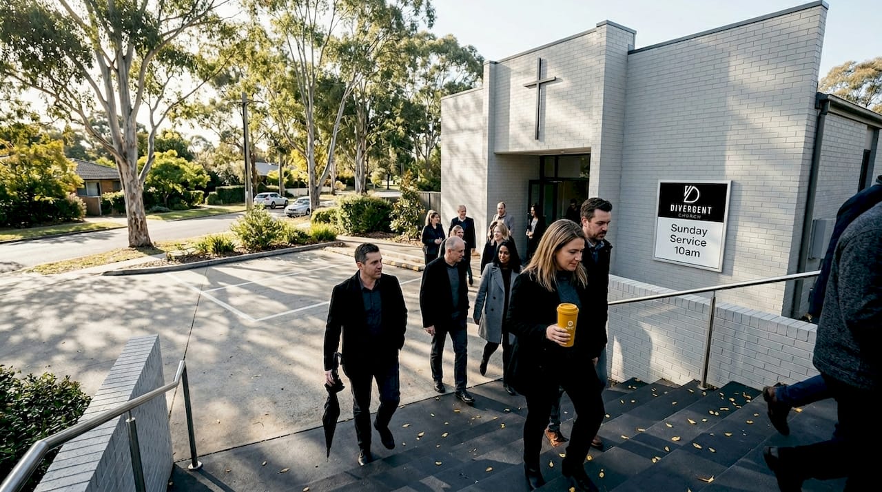 Congregants arrive at Canberra Pentecostal church