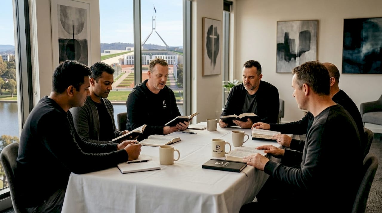 Christian men engaged in group Bible study