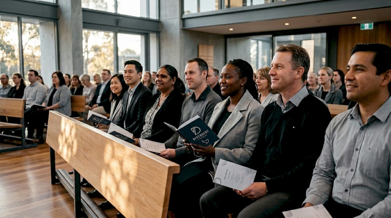 Diverse congregation worshipping in Canberra church