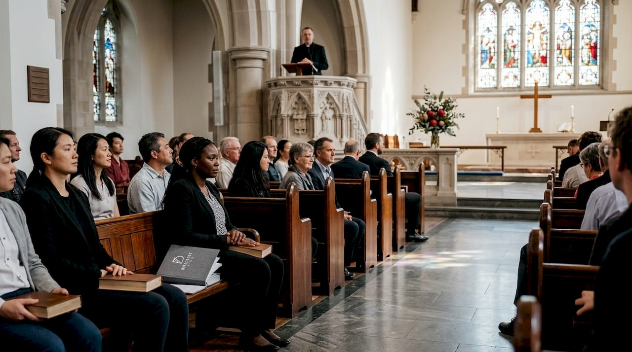 Congregation worshipping inside Canberra cathedral