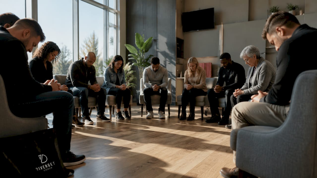 Church congregation praying in pews