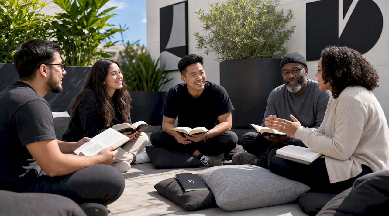 Diverse church group discussing around table
