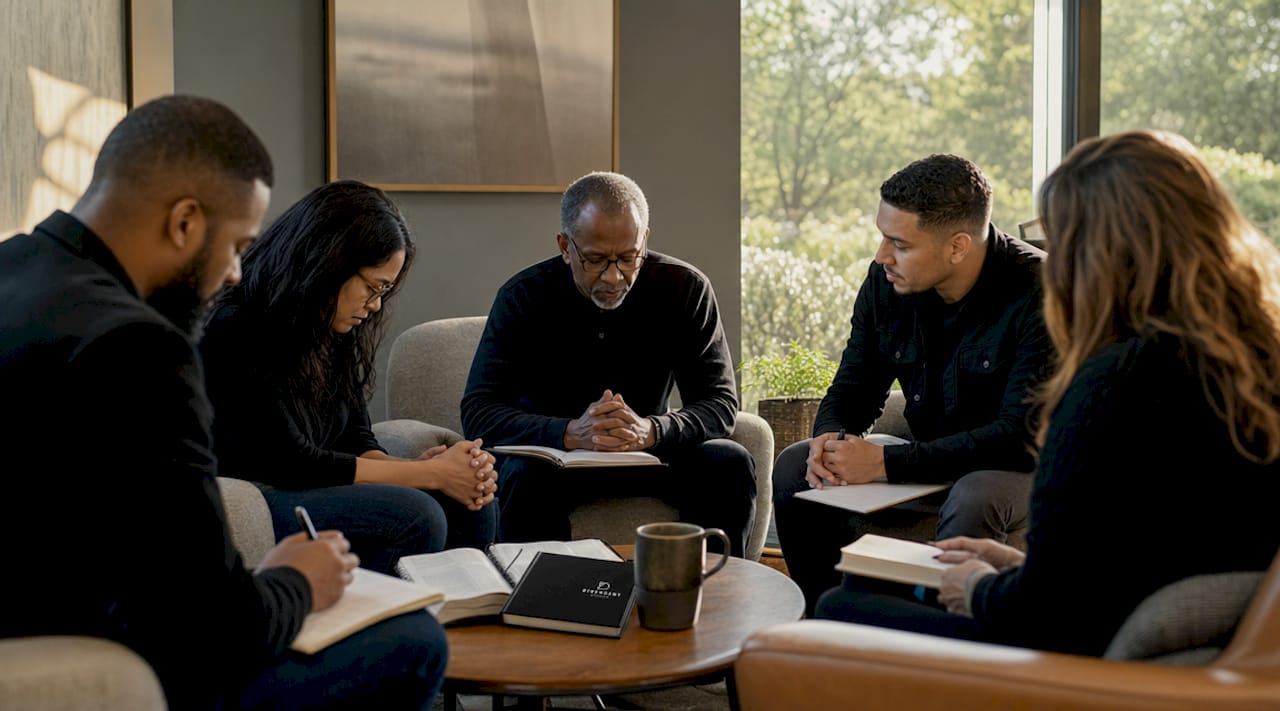 Church elders praying and discussing in office