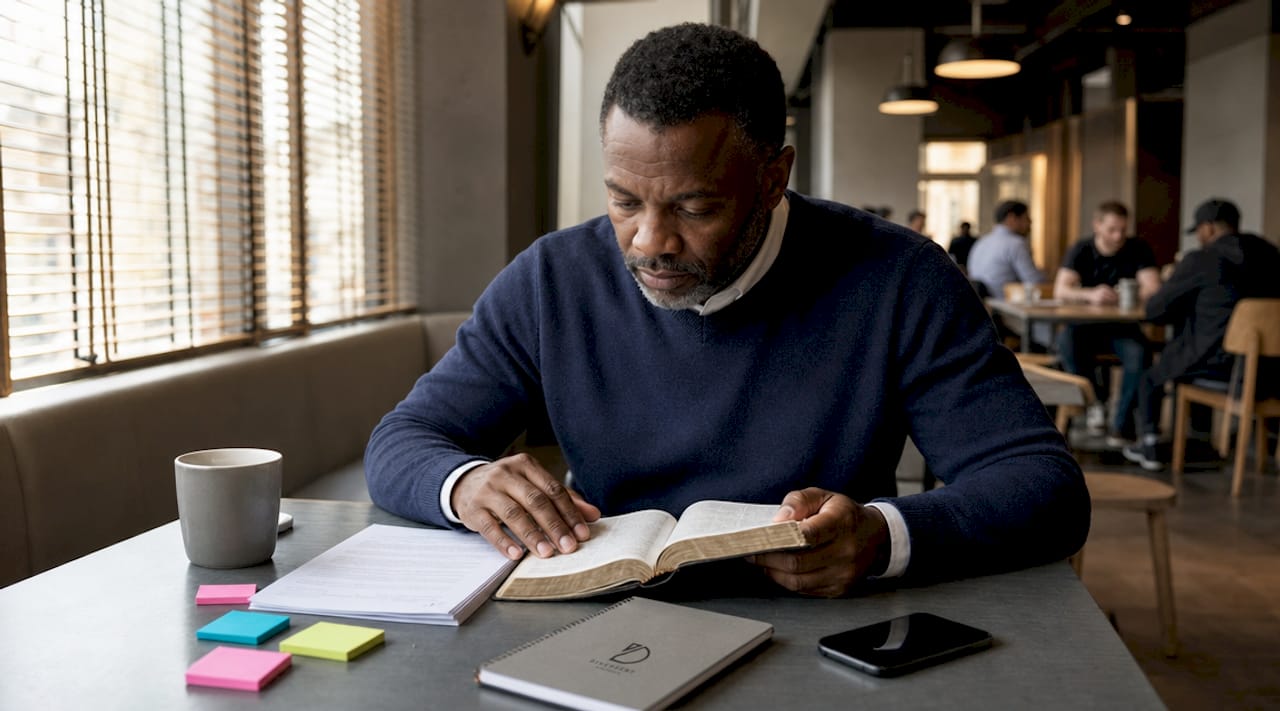 Church leader studying Bible and notes