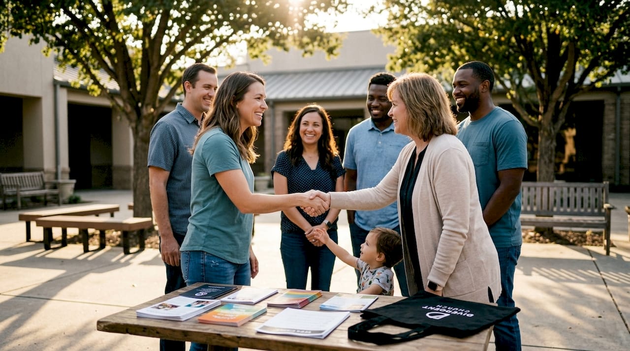 Church members welcoming visitor at church entrance