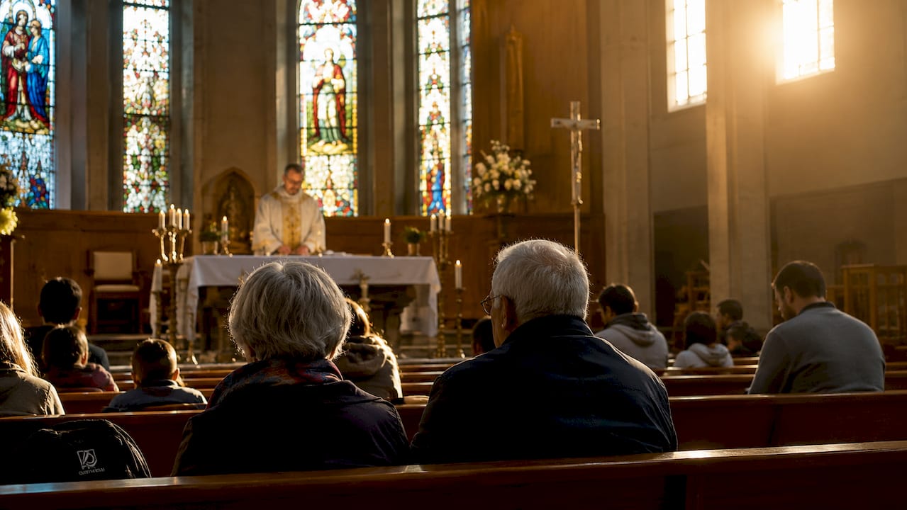 Priest and parishioners preparing for Catholic mass