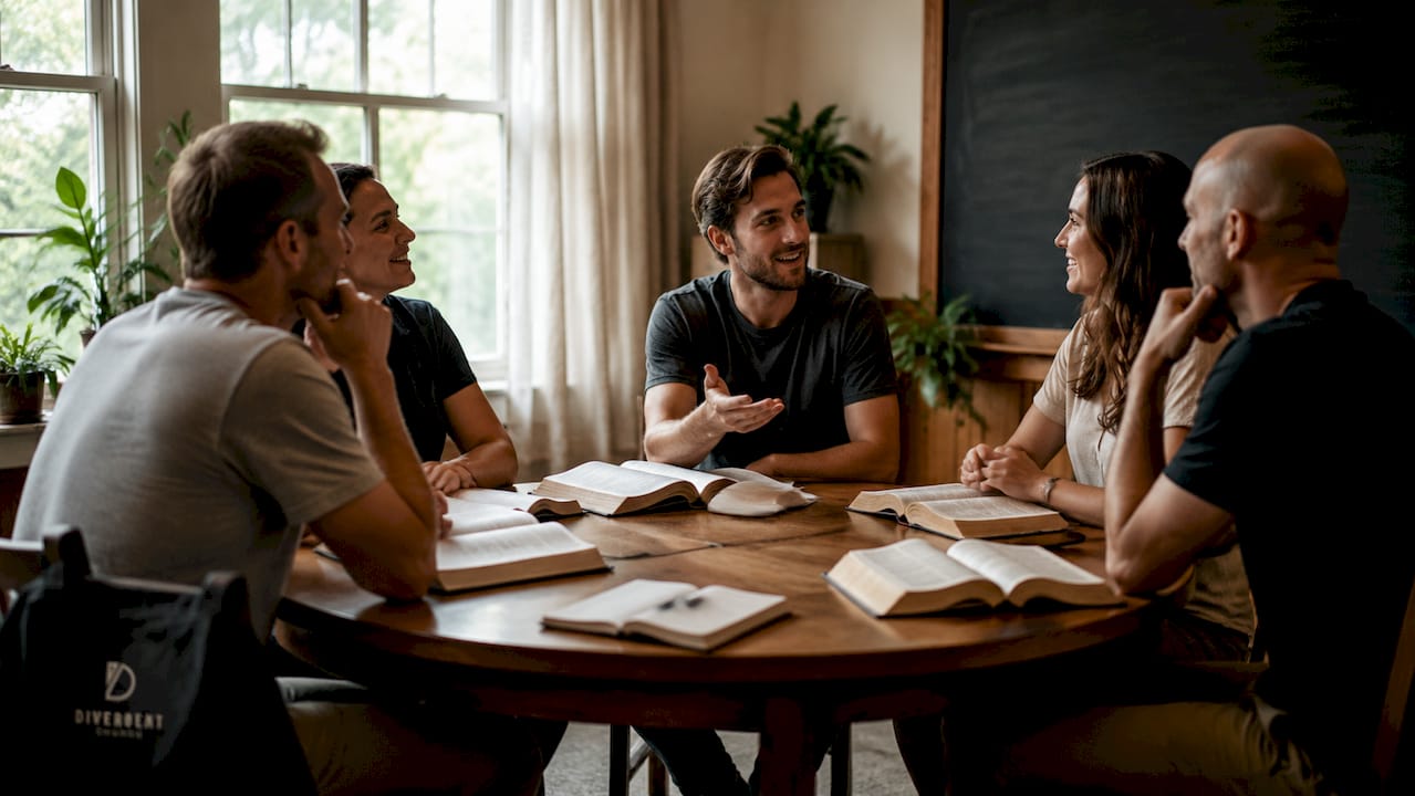 Small group discussing Bible study in church room