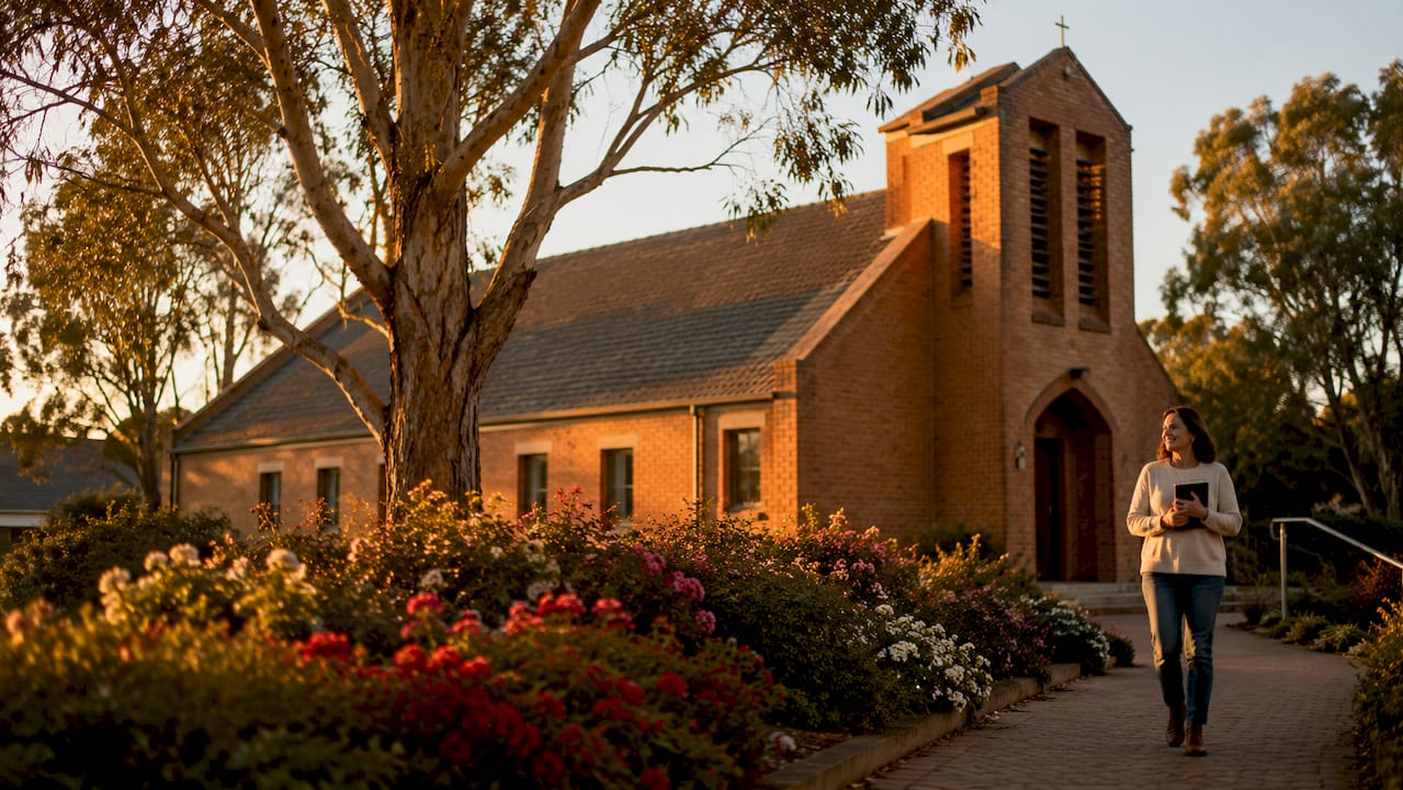 Exterior view of St Alban's Anglican Church in sunlight