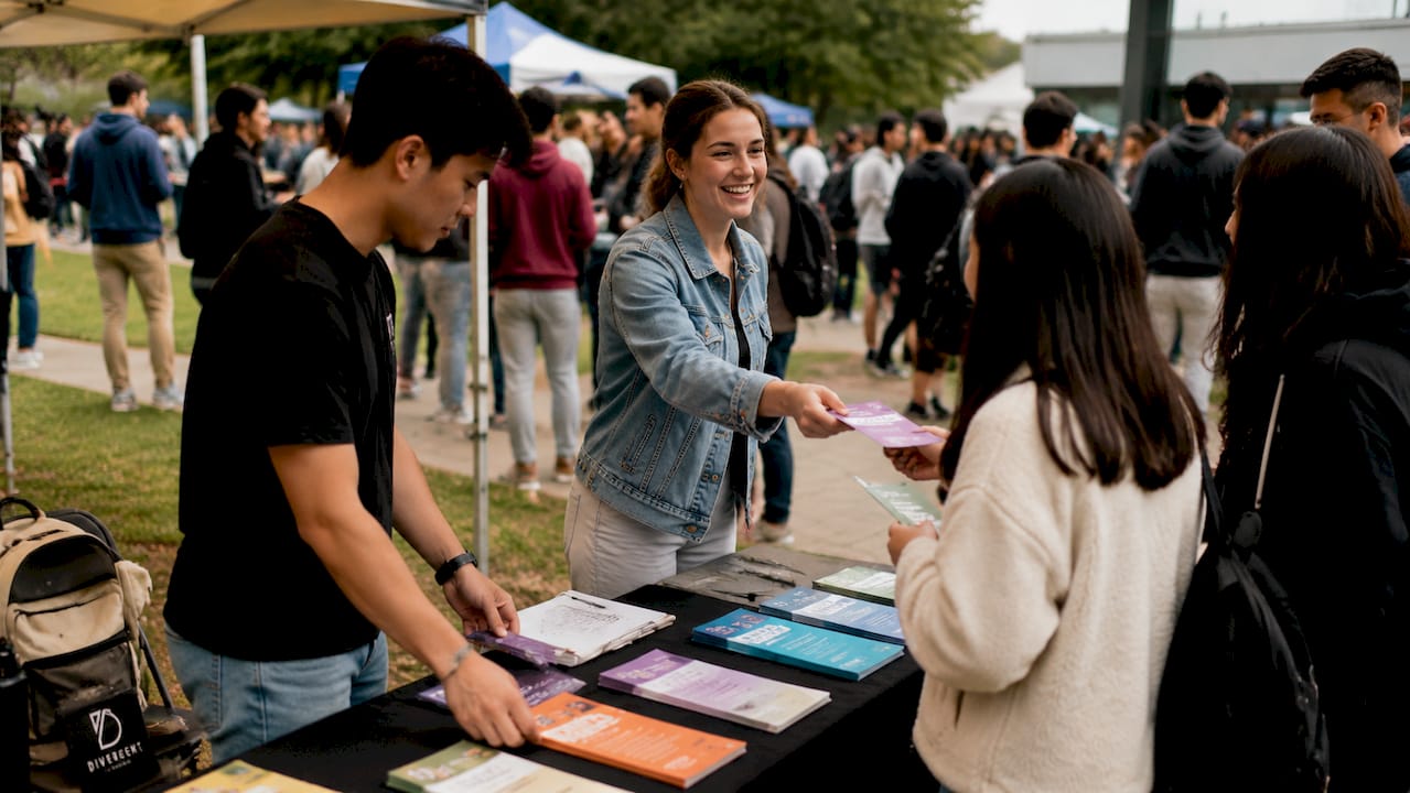 Students running campus ministry stall outdoors