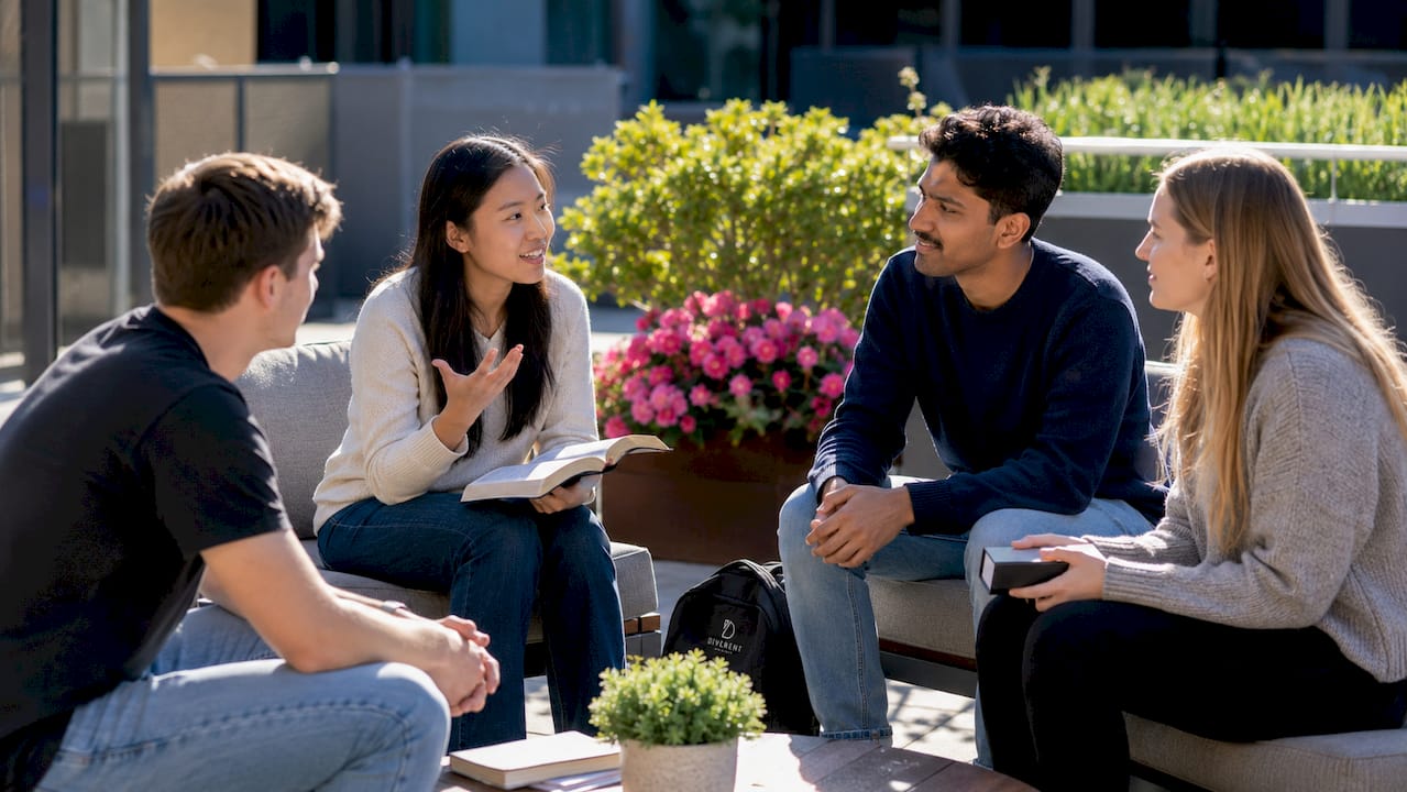 Students in university church small group meeting