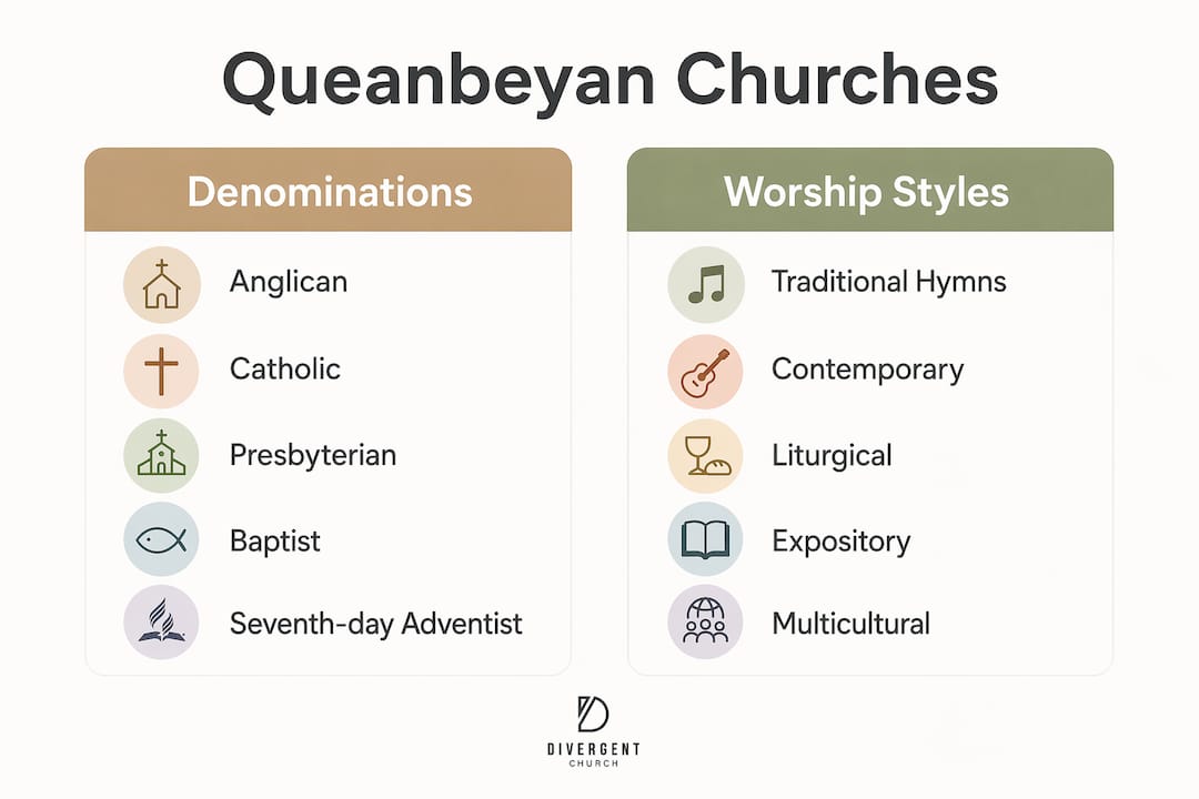 Infographic showing Queanbeyan church denominations and worship styles