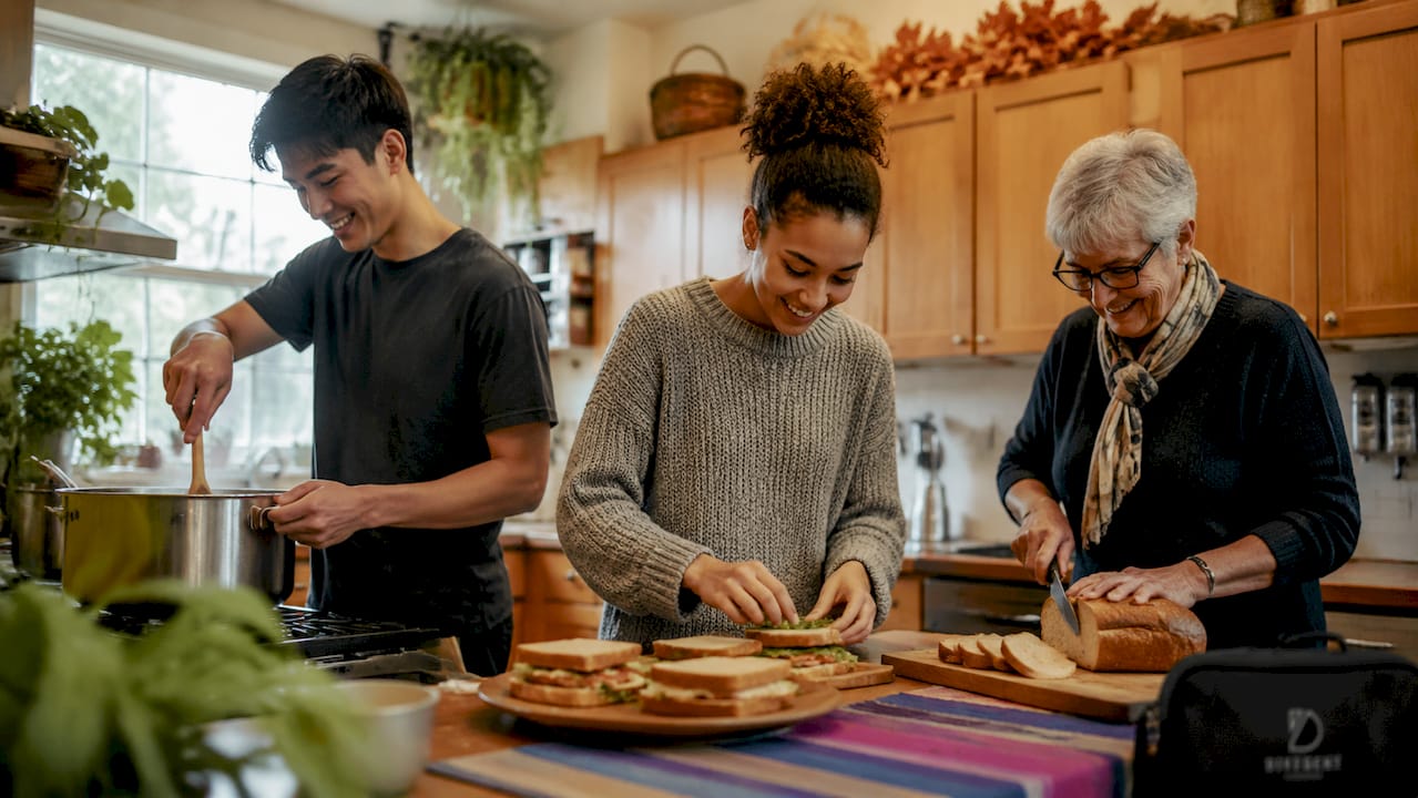 Volunteers preparing food in church kitchen