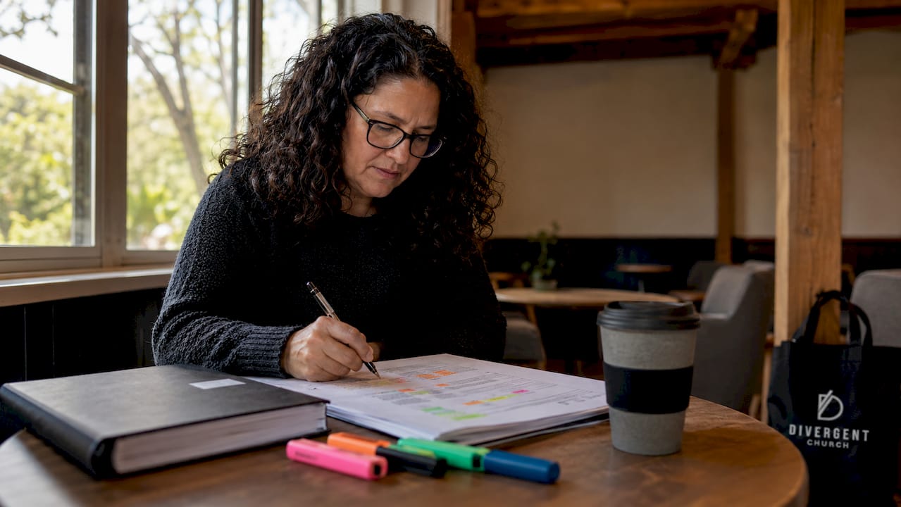Woman reviewing church event planning documents