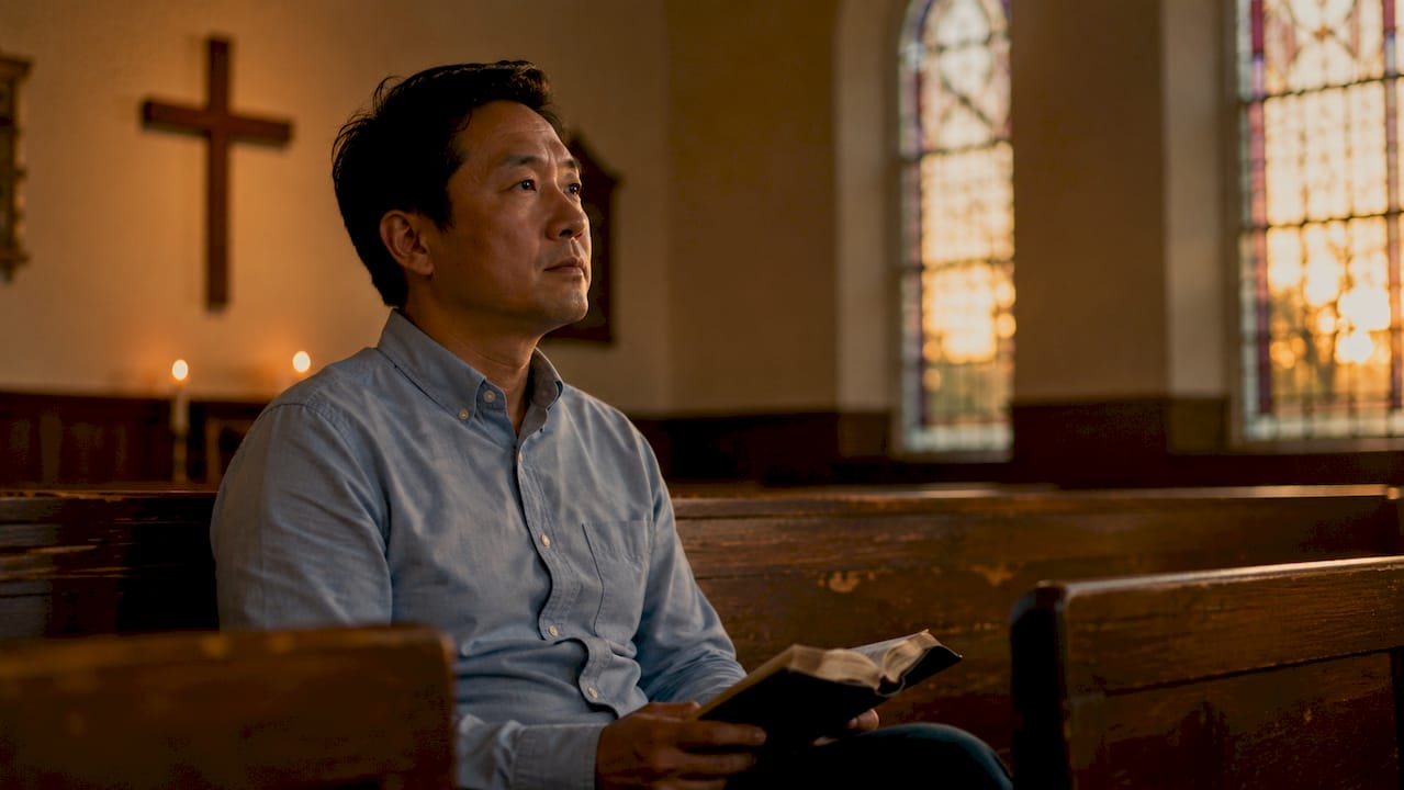 Man praying quietly in church pew