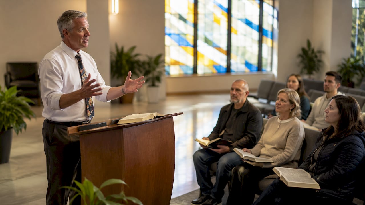 Pastor preaching in church sanctuary