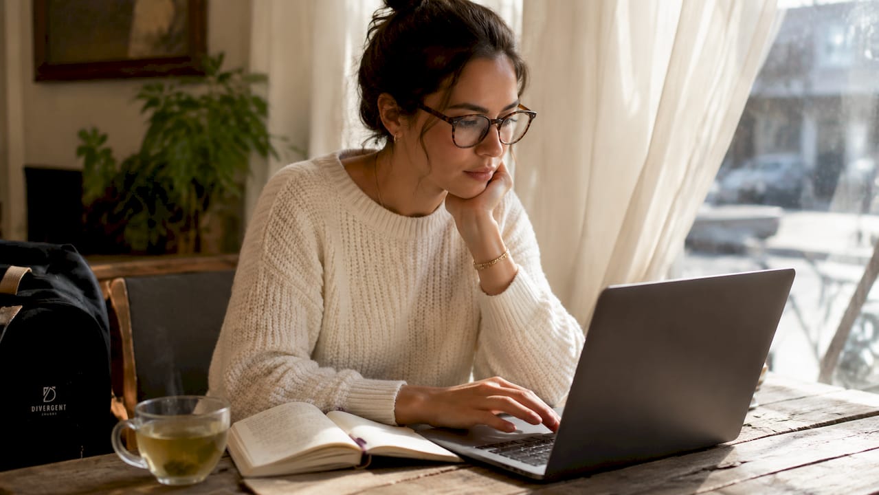 Woman researching church communities online at home