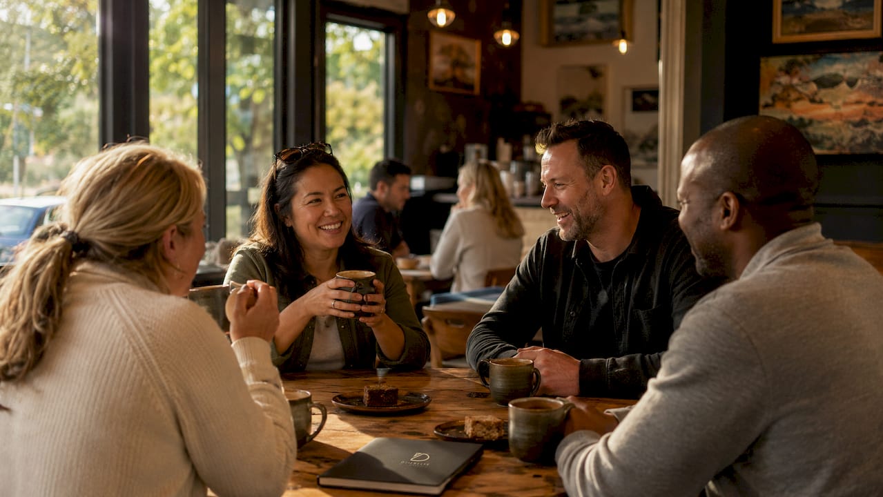 People socialising in church foyer in Canberra