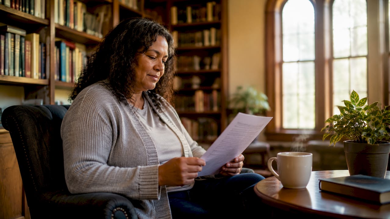 Woman reading church membership covenant in church pew