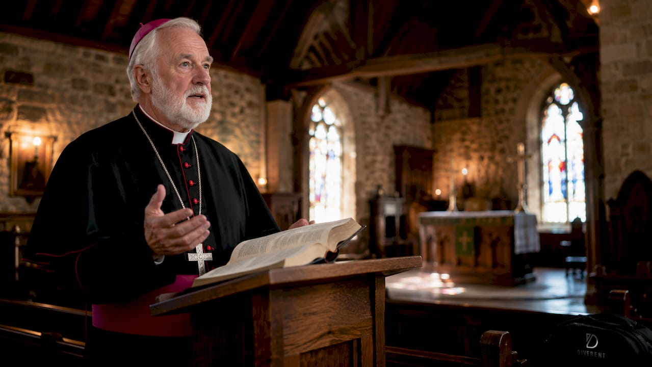 Bishop delivering sermon in cathedral pulpit