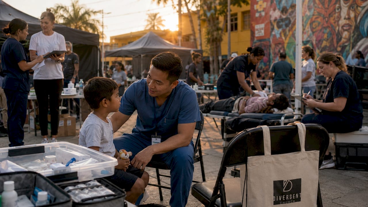 Medical mission team treating patients outdoors