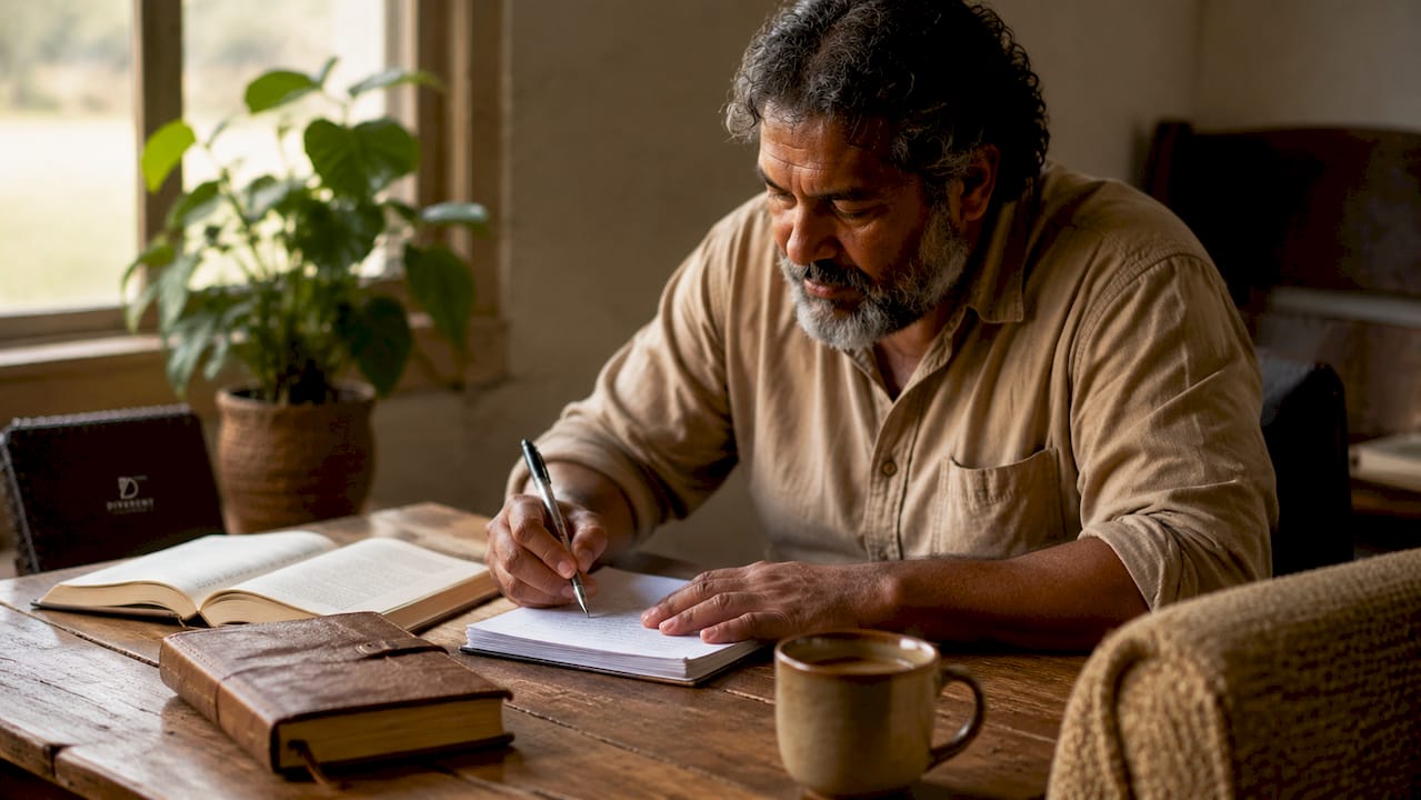 Church leader preparing sermon notes at desk