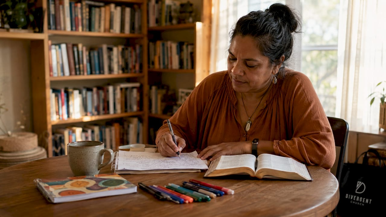 Female pastor working in church office
