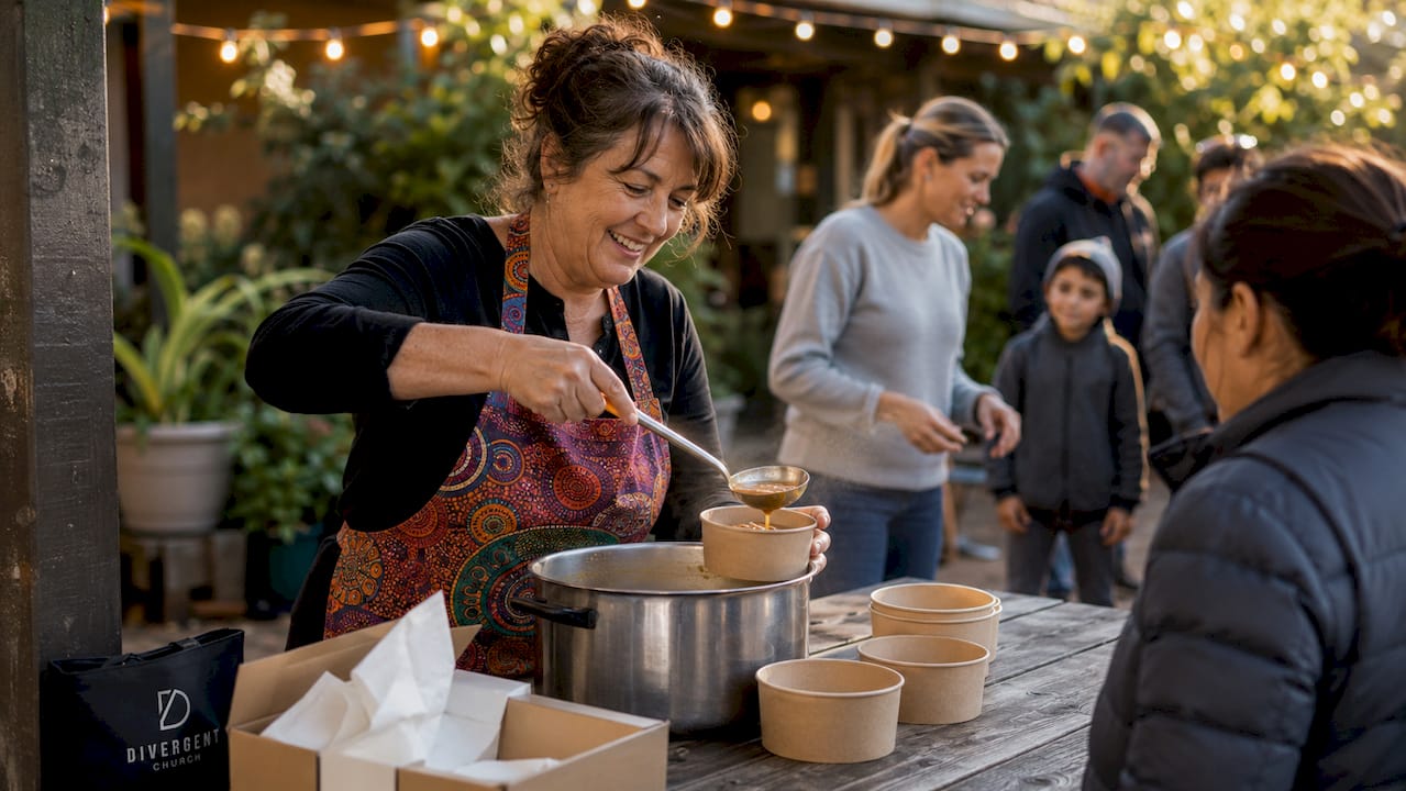 Woman serving food at church community outreach event indoors.