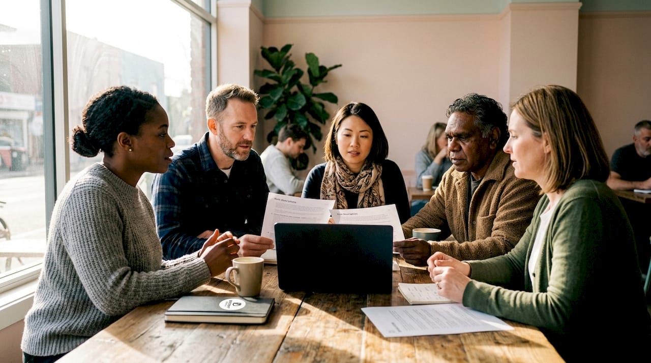 Church leaders discussing ministry roles around table