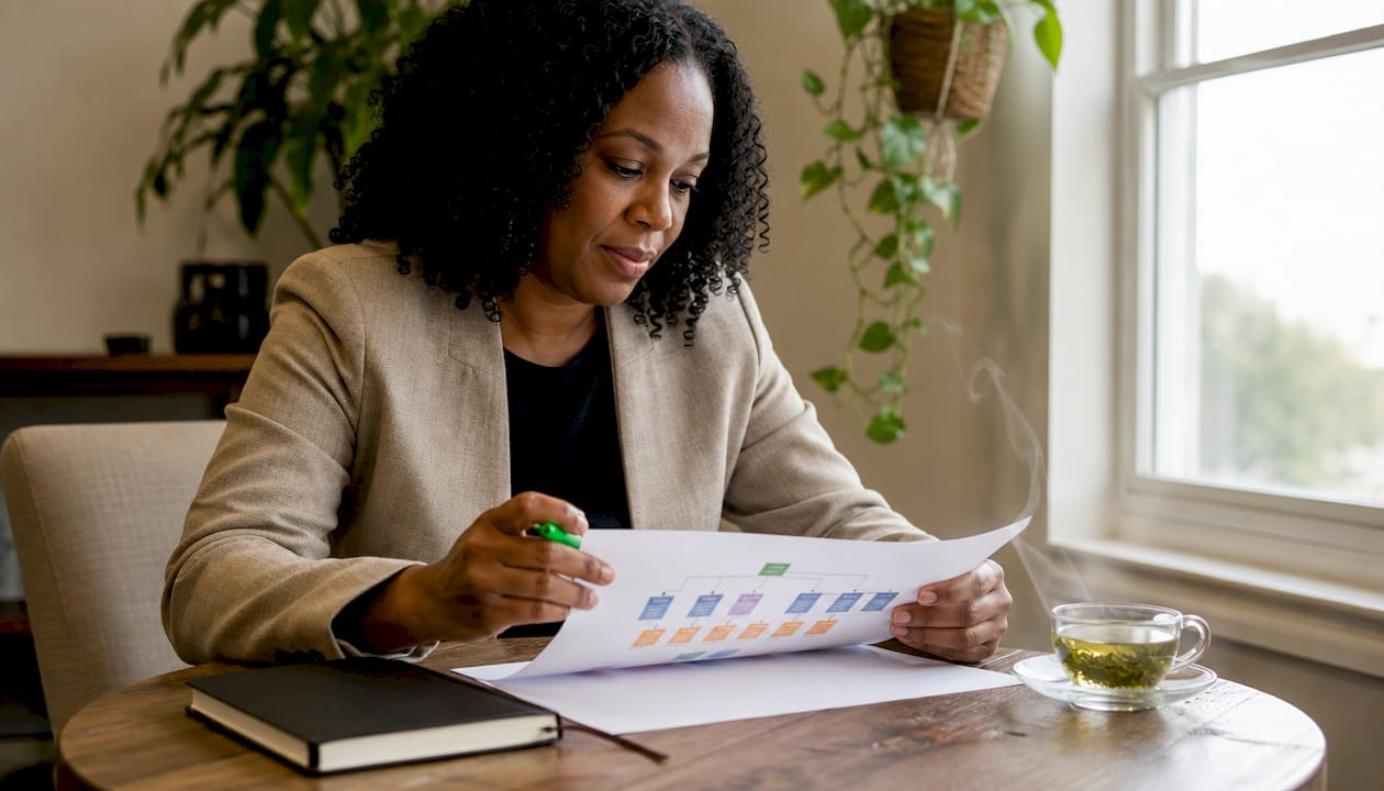 Female pastor reviewing church staff chart at table