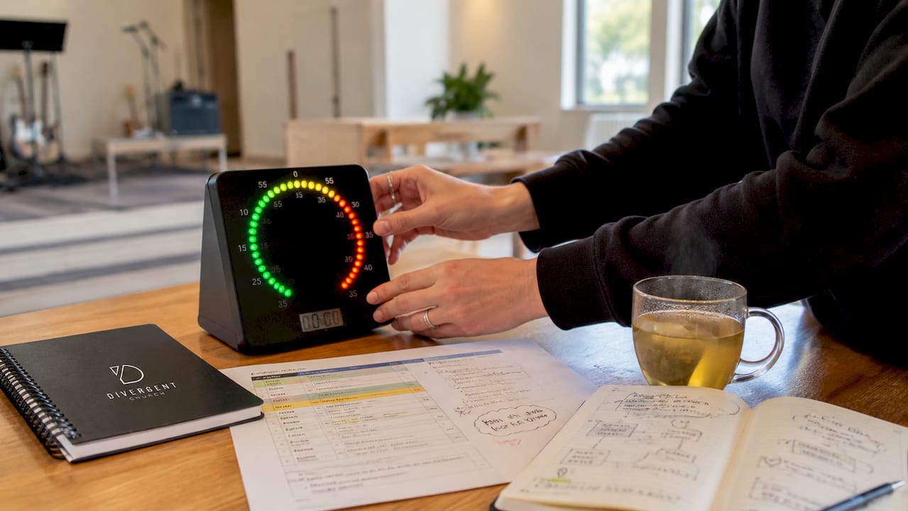Volunteer using colour-coded timer at rehearsal