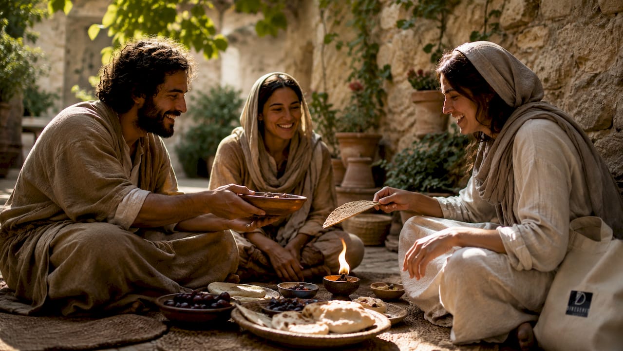 Early church believers sharing meal and Scripture