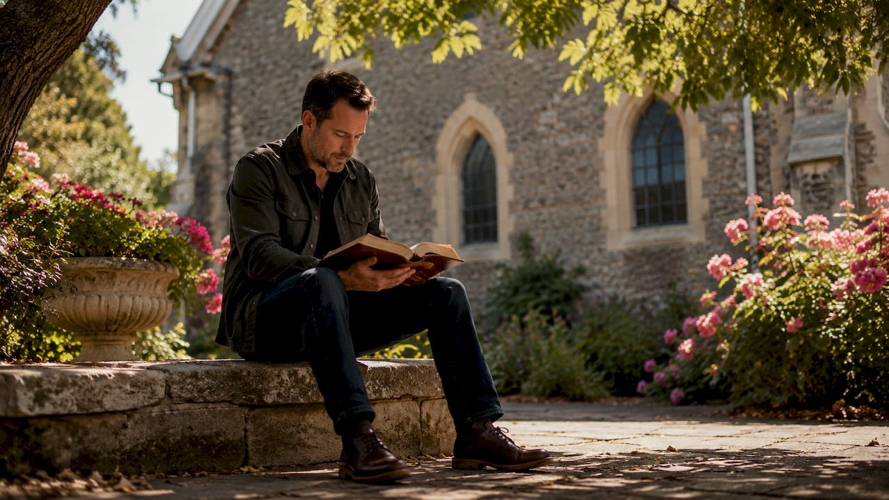 Man sitting in church reflecting with Bible open